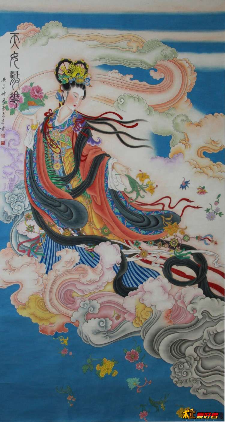 六尺工笔重彩《天女散花》作品